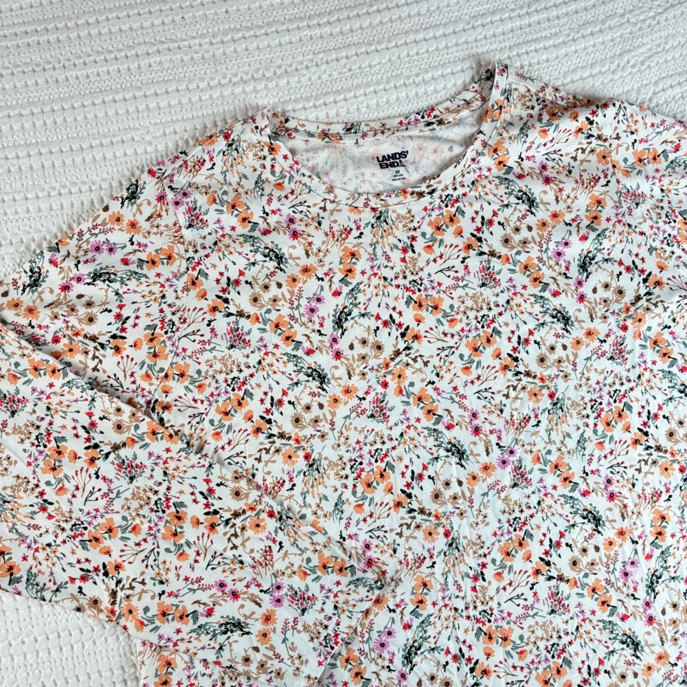 Lands' End T Shirt Long Sleeve Floral Women 2X Multi 100% Cotton Casual Basic